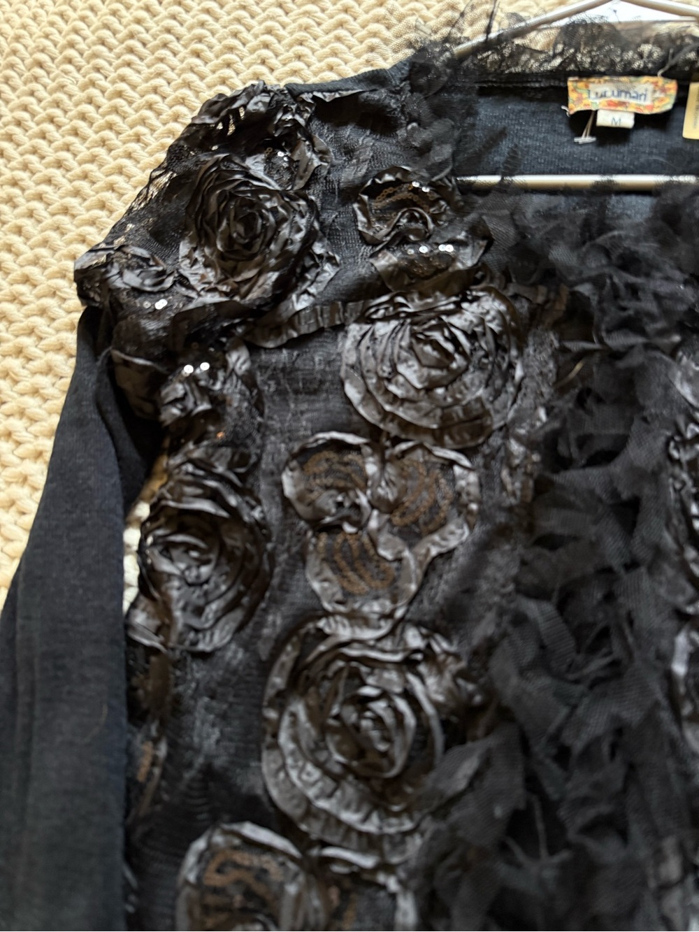 Lulumari Black Rosette Appliqué Lace Sequin Cardigan Sweater whimsigoth Size M - Picture 6 of 6